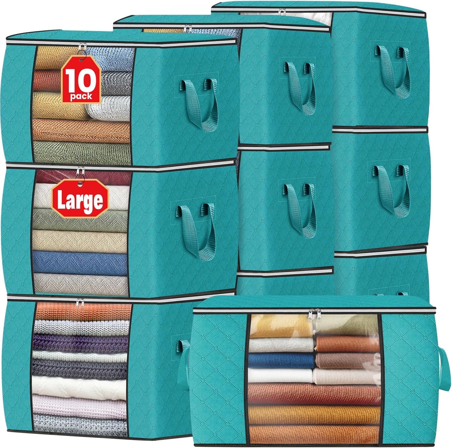 Fab totes 24 Gallons Clothes Storage, Foldable Thick Fabric Blanket Storage Bags, Containers for Organizing Bedroom, Closet, Clothing, Comforter, Organization with Handle (10 Pack,Green)