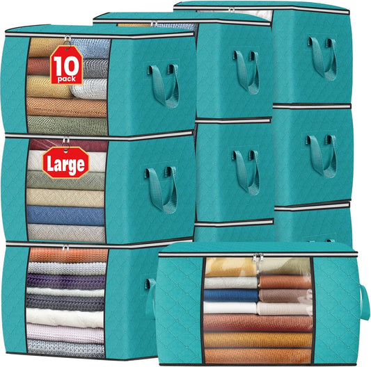 Fab totes 24 Gallons Clothes Storage, Foldable Thick Fabric Blanket Storage Bags, Containers for Organizing Bedroom, Closet, Clothing, Comforter, Organization with Handle (10 Pack,Green)