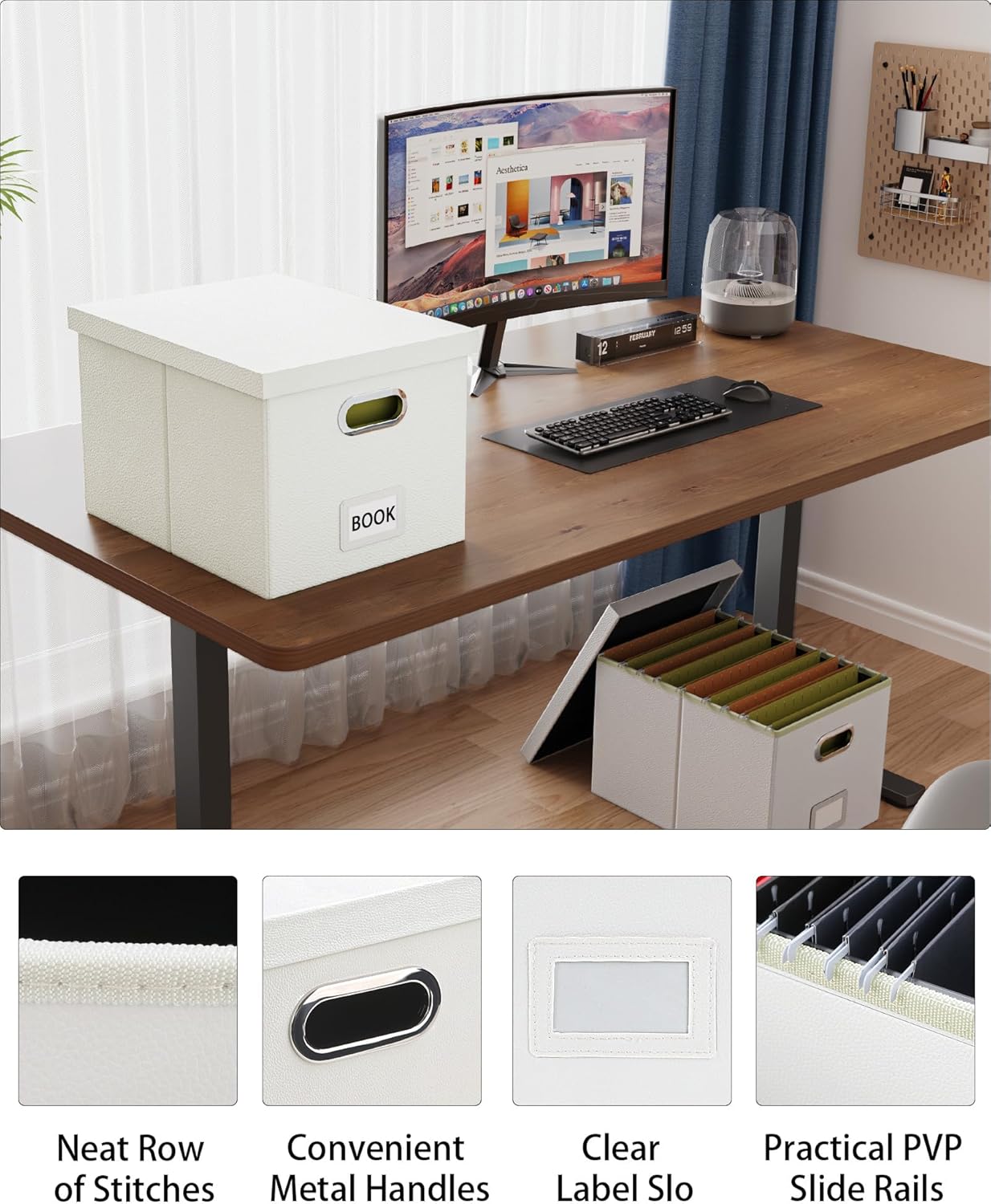 2 Pack File Storage Organizer, Portable File Box with Lid, Fit for Letter/Legal File Folder Storage, White (Leather) - Box only