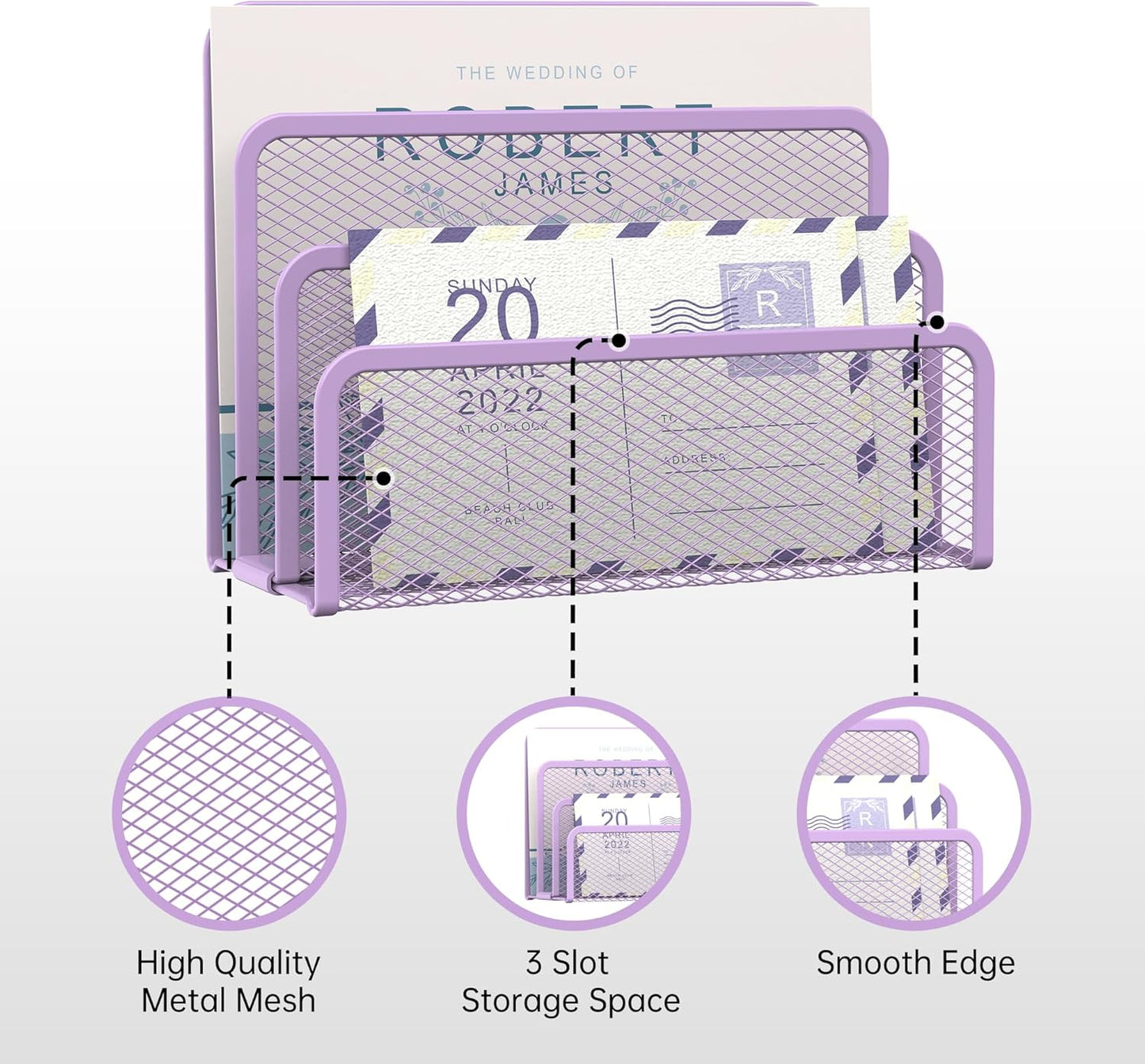 SUPEASY Mail Organizer for Desk, Mesh Metal Mail Holder Countertop with 3-Slot, Letter Sorter File Holder, Office Envelope Organizer for Mails (Purple)