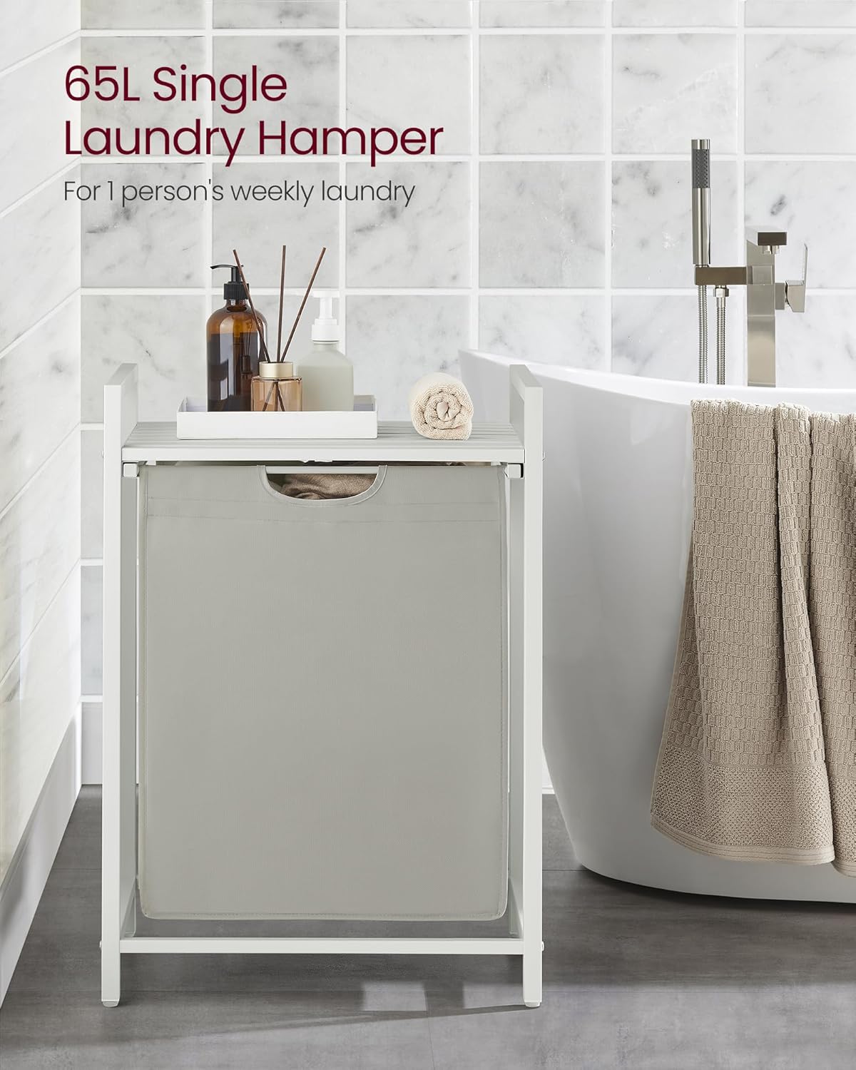 VASAGLE Laundry Hamper, Laundry Basket, Laundry Sorter with A Pull-Out and Removable Bag, Shelf, Metal Frame, 17.2 Gallons (65 L), 19.7 x 13 x 28.4 Inches, Cream White and Cloud White UBLH101W01