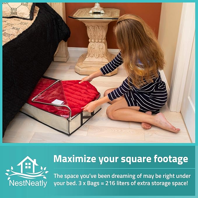 Underbed Storage Bag 2 Large Under-the-Bed Storage Containers and Organizer Bin Reinforced Handles Metal Zipper Foldable Under-Bed Storage Bags and Containers by Nest Neatly, Beige