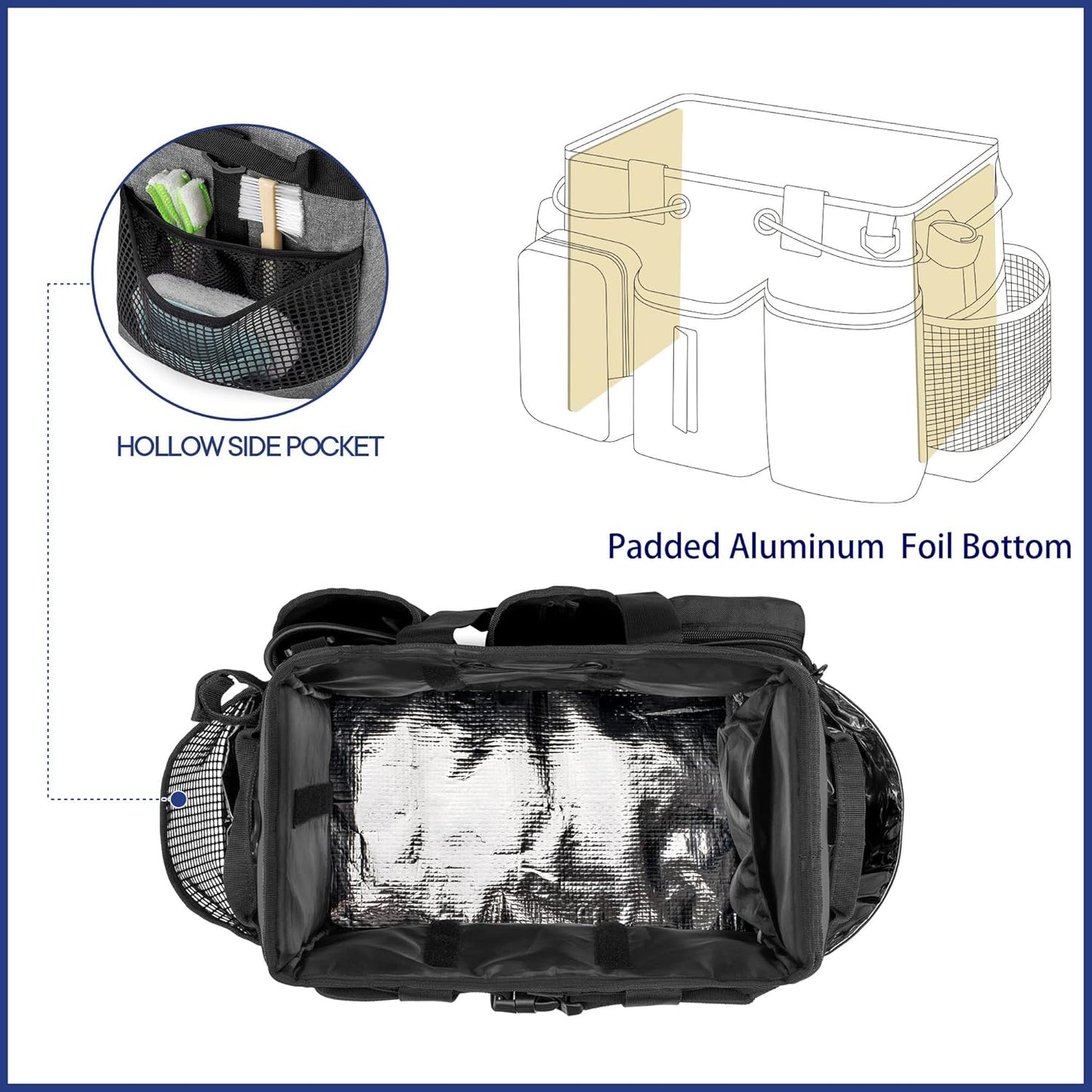 LoDrid Large Professional Cleaning Caddy with Detachable Divider, Supply Organizer with Handle and Shoulder Strap, Cleaning Bags for Housekeepers & Cleaners, Black