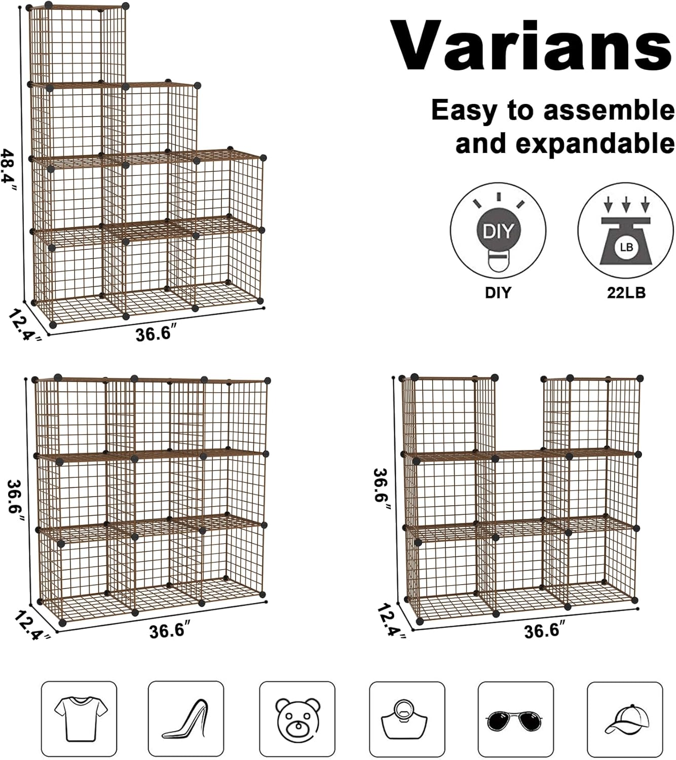C&AHOME Wire Cube Storage, 9 - Cube Organizer Metal C Grids, Modular Shelves Units, Closet Organizer, Ideal for Home, Office, Living Room, 36.6”L x 12.4”W x 48.4”H, Brown UWCS3009R