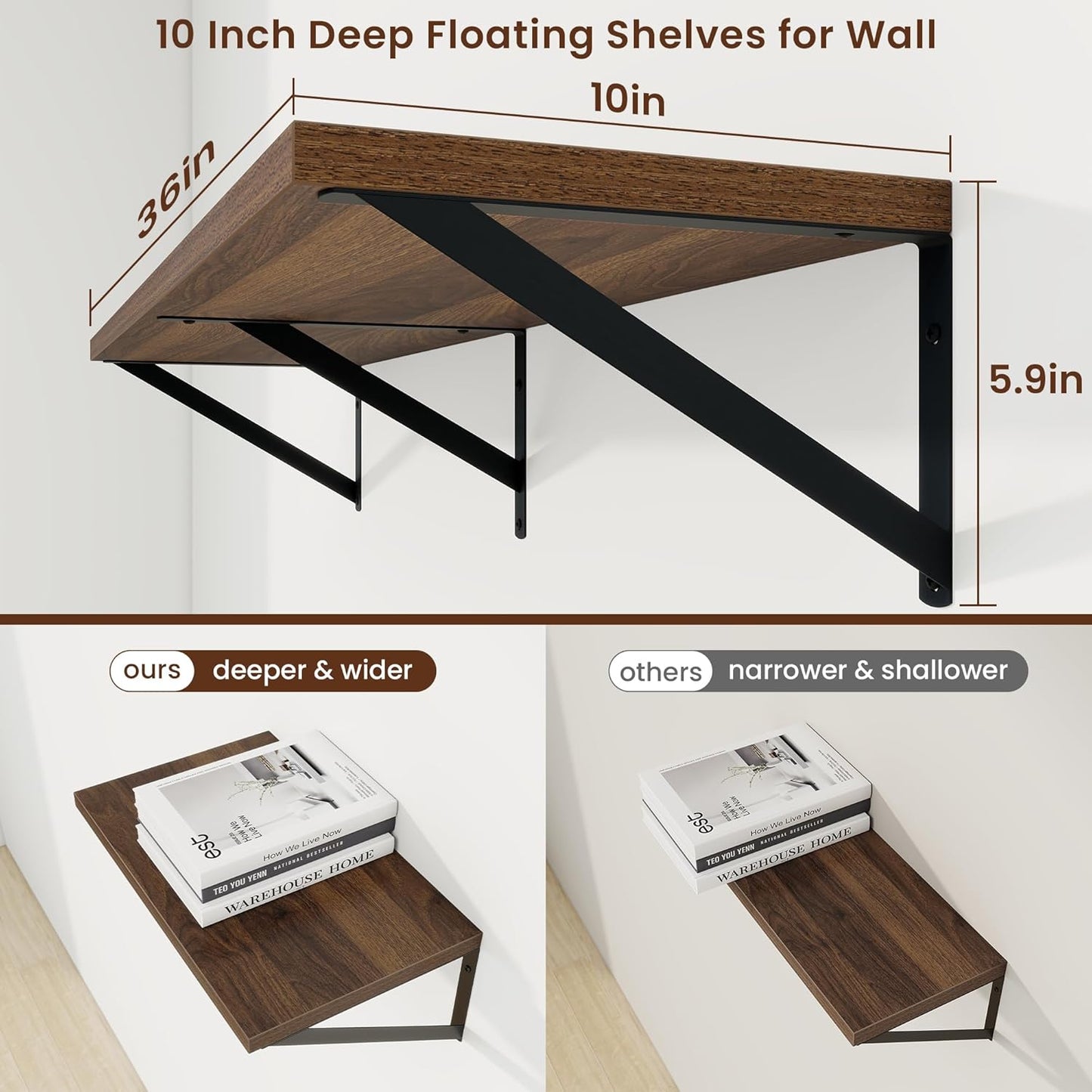 Axeman Deep Floating Shelves for Wall - 36 Inch Wide x 10 Inch Deep Floating Shelves Set of 2 -Walnut Wide Wall Shelves for Living Room Bathroom Bedroom