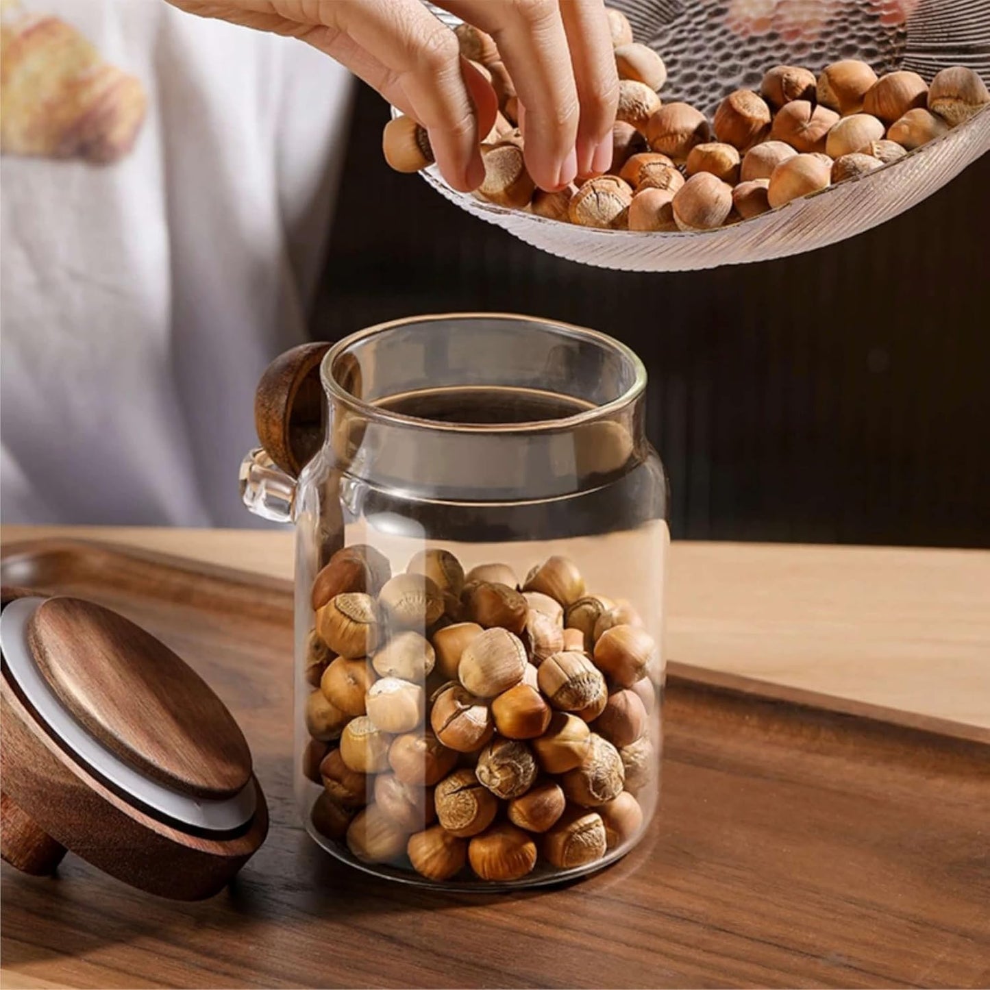 Glass Food Storage Jar with Acacia Wooden Lid and Spoon, Airtight Container for Cereals, Cookies, Snacks, Kitchen Canister Set (1 Pcs, Medium/20oz)