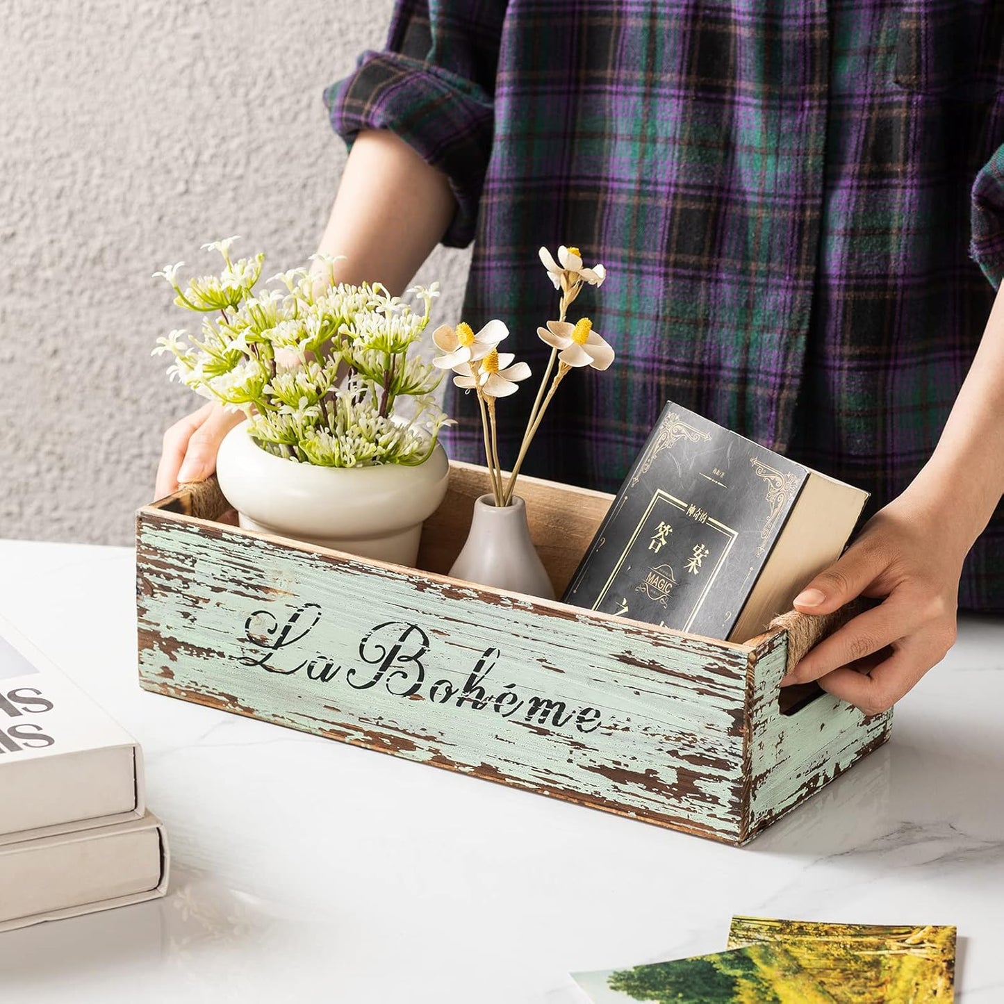 TIMRIS Farmhouse Distressed Wooden Storage Box, Rustic Bathroom Decor Box, Decorative Toilet Tank Basket Nice Butt, Vintage Countertop Organizer Box with Handles (Distressed Green)