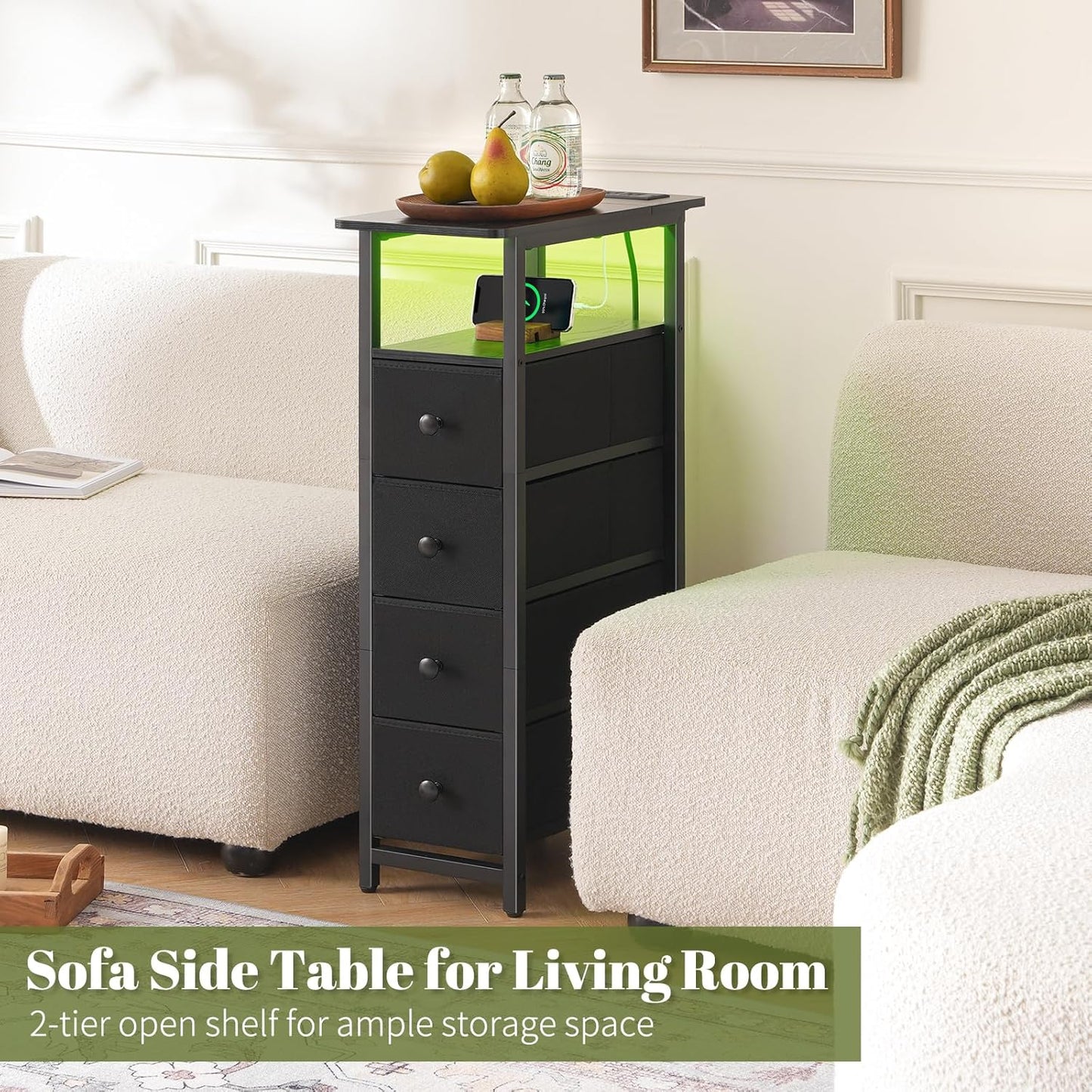 Yoobure LED Narrow Nightstand with Charging Station - Slim Dresser for Bedroom Narrow Side Table Storage Cabinet, Small Dressers Chest of Drawers, Tall Skinny Night Stand End Table for Small Spaces