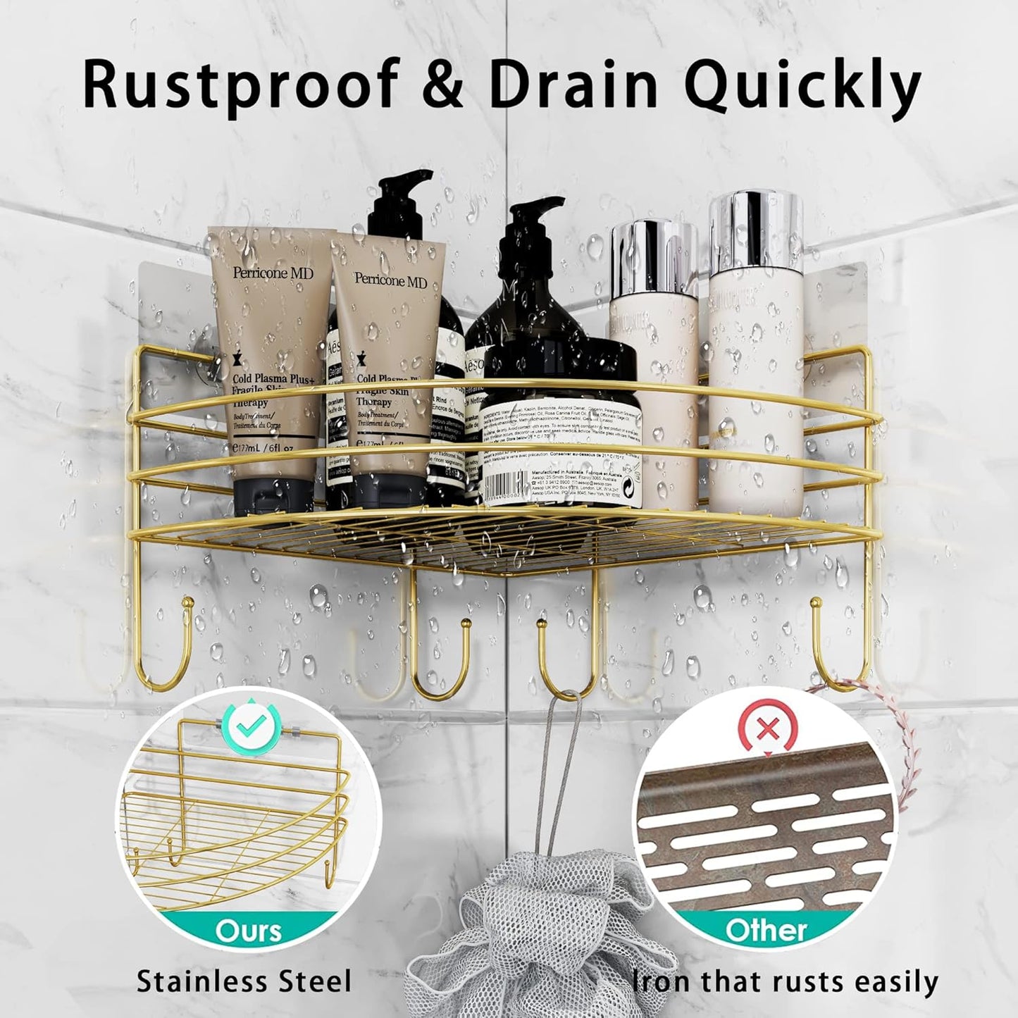 Corner Shower Shelves with 4 Hooks, 2-Tier Stainless Steel Bathroom Shower Organizers, Wall Mounted Caddy Shelves No Drilling with Adhesive, Triangle Storage Shelf for Toilet, Dorm and Kitchen, Gold