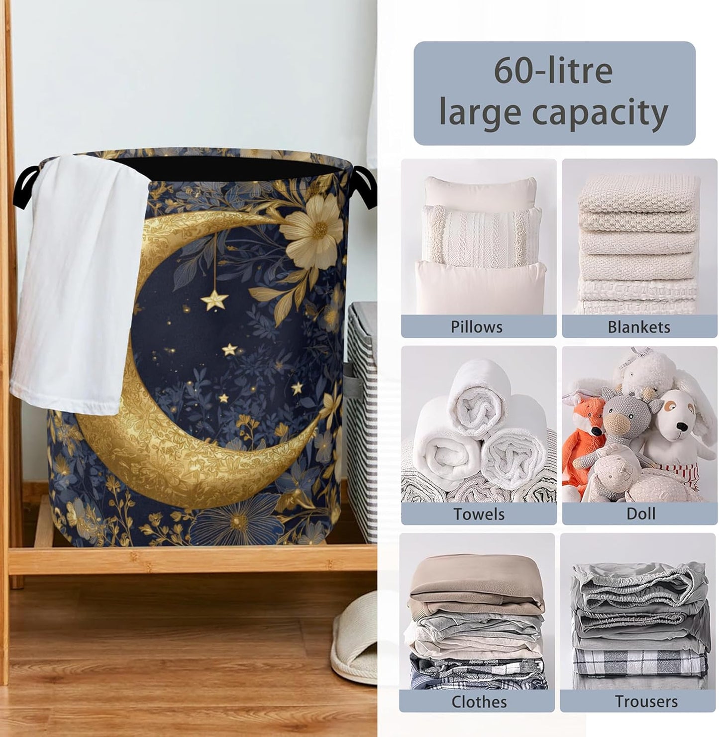 Golden Moon Laundry Basket,Flowers Foldable Oxford Cloth Tote Bag Laundry Hamper Clothes Storage Bucket Organizer for Bedroom Laundry Storage Dormitories 16" x 20.8"