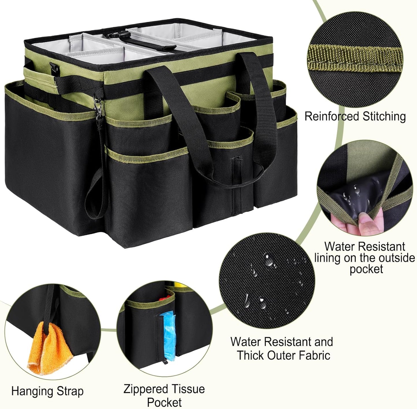 Large Rolling Cleaning Caddy Bag with Detachable Trolley,Cleaning Cart on Wheels with Shoulder Strap,Cleaning Supplies Organizer for Housekeepers,Green