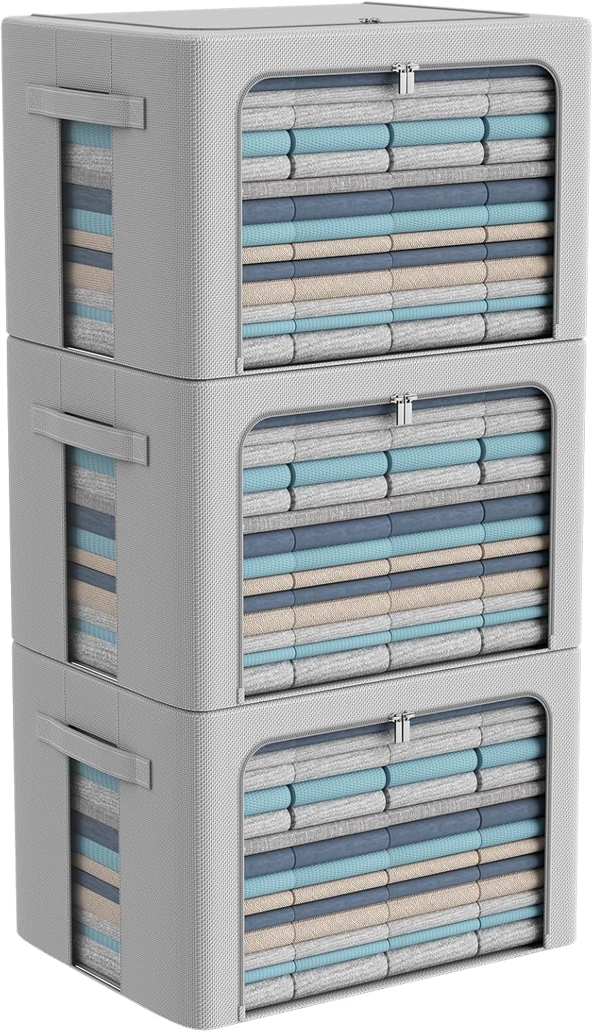 3Pack Frame Storage Box - Clothes Storage Bin Bags Oxford Fabric Foldable Stackable Container Organizer Set with Clear Window & Carry Handles Large Capacity (Grey, Large-66L)