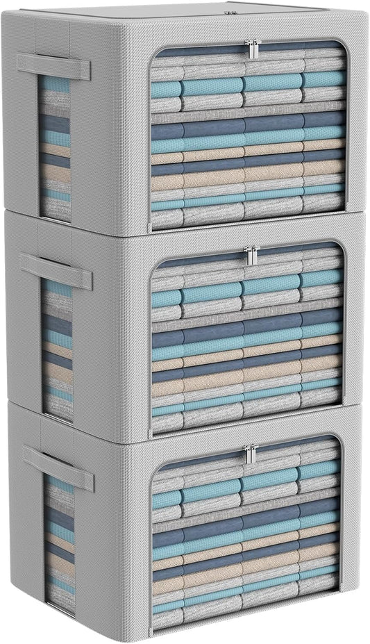 3Pack Frame Storage Box - Clothes Storage Bin Bags Oxford Fabric Foldable Stackable Container Organizer Set with Clear Window & Carry Handles Large Capacity (Grey, Large-66L)