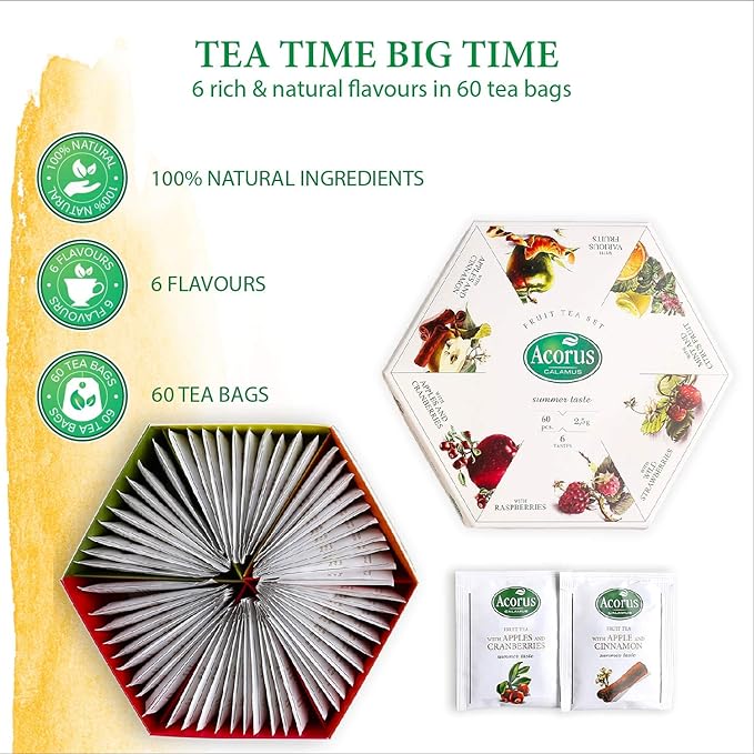 ACORUS Summer Taste Tea Set - Natural Assorted Tea Hamper Box Gift Set, Large Selection Box 60 Teas Bags, 6 Fruit and Berry Flavour Sampler, Perfect for Refreshing Iced Drinks