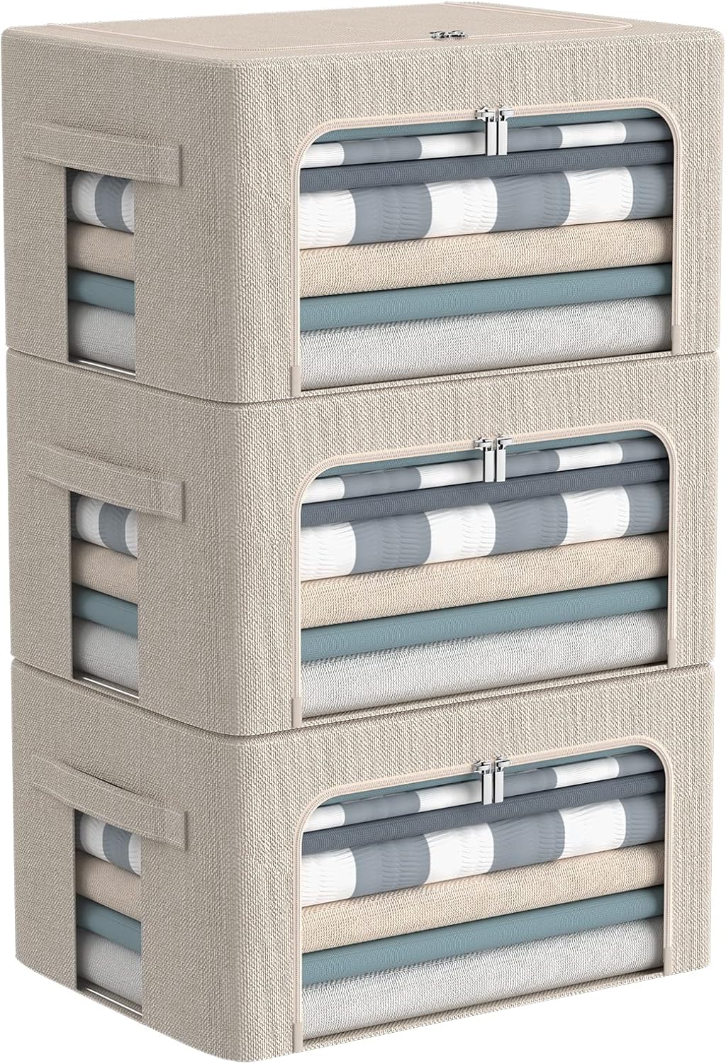 3Pack Foldable Storage Bins - Frame Storage Box Linen Fabric Stackable Clothes Container Organizer with Clear Window & Carry Handles Large Capacity (Small-22L, Beige)