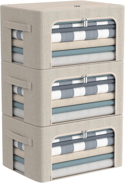 3Pack Foldable Storage Bins - Frame Storage Box Linen Fabric Stackable Clothes Container Organizer with Clear Window & Carry Handles Large Capacity (Small-22L, Beige)