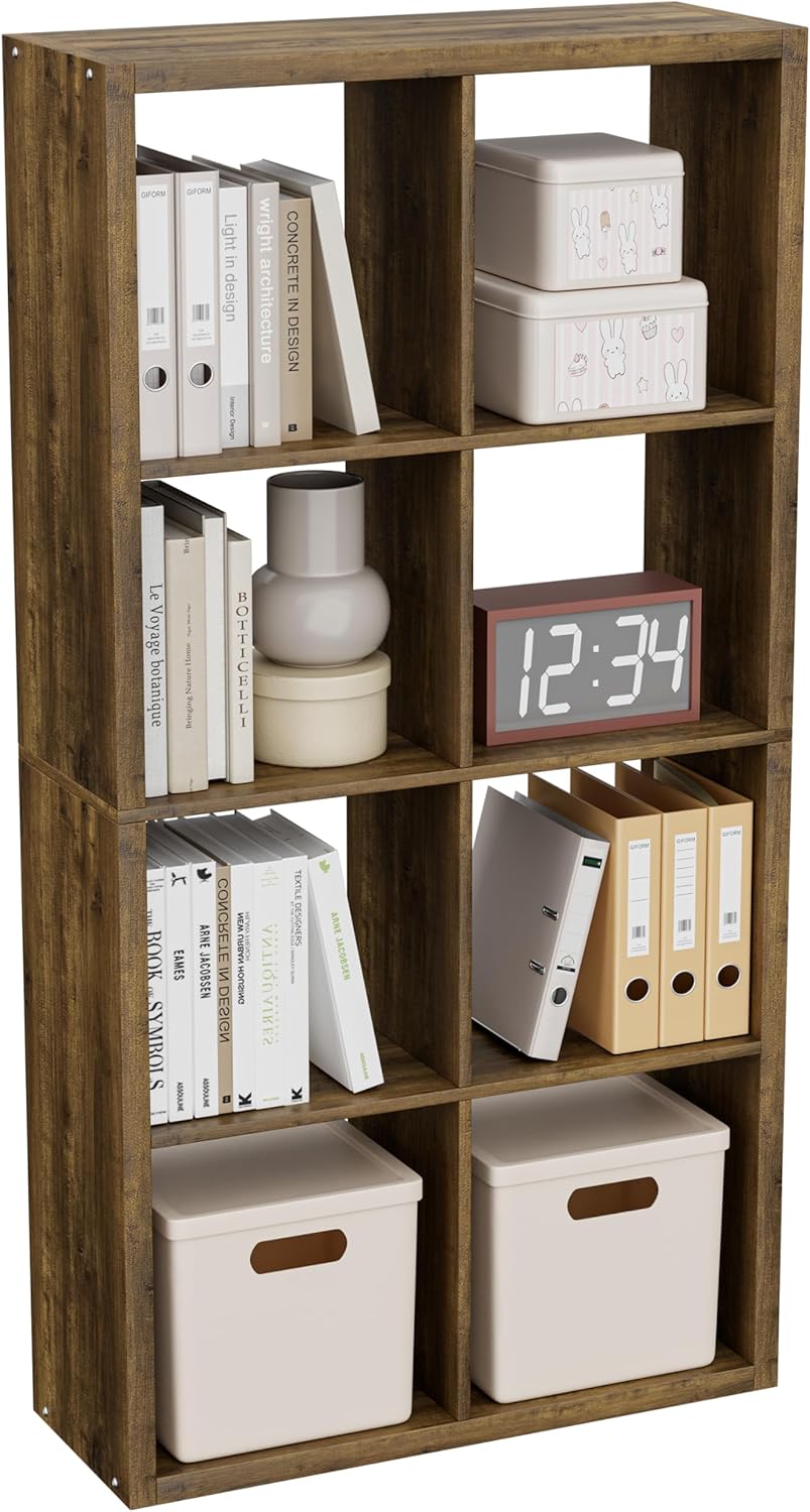 Cube Storage Organizer Bookcase, Decorative 11 inch Open Back Cubical Shelf with Thickened Border, Display Bookshelf for Living Room, Home Office, Sturdy Room (Brown, 8 Cube)