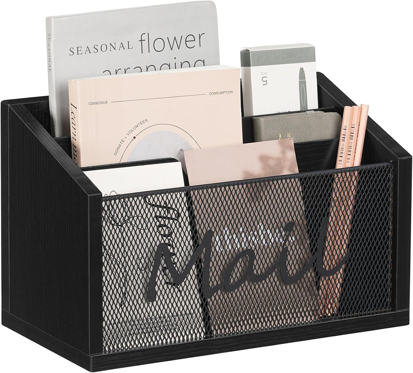 Mail Organizer Countertop, Mail Holder with 3 Slots, Mail Sorter for Desk, Wooden Office Desk Organizer, Mail Organizer for Magazines, Files, Papers, Folders, Black MR03BB