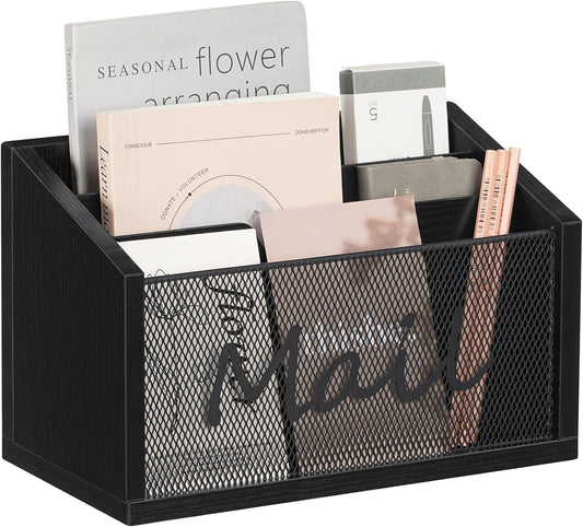 Mail Organizer Countertop, Mail Holder with 3 Slots, Mail Sorter for Desk, Wooden Office Desk Organizer, Mail Organizer for Magazines, Files, Papers, Folders, Black MR03BB