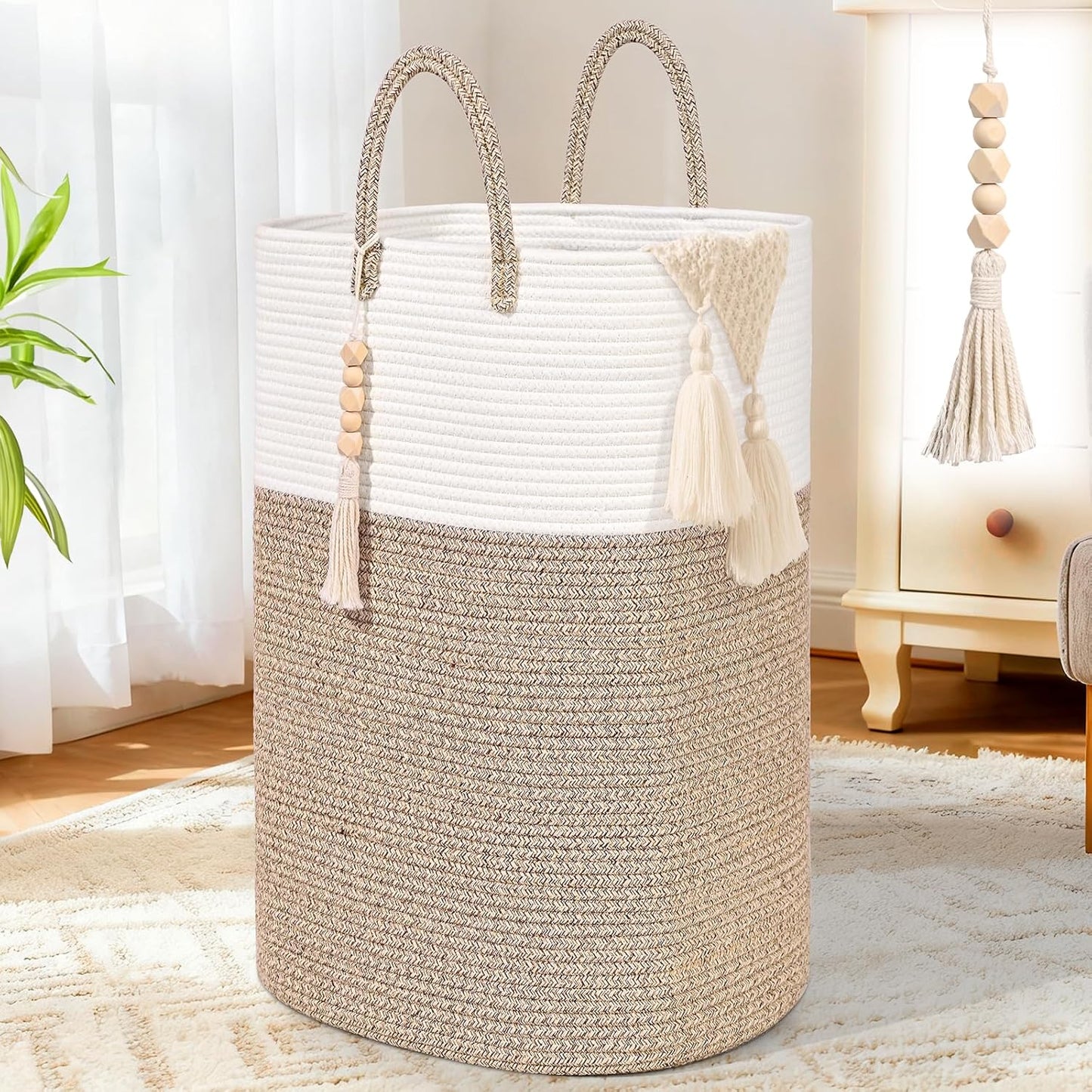 65L Woven Laundry Basket for Clothes, Large Rectangle Laundry Hampers with Beads Tassel, Nursery Storage Basket for Toys, Tall Dirty Clothes Hamper for Bedroom Aesthetic, Laundry Room Organization