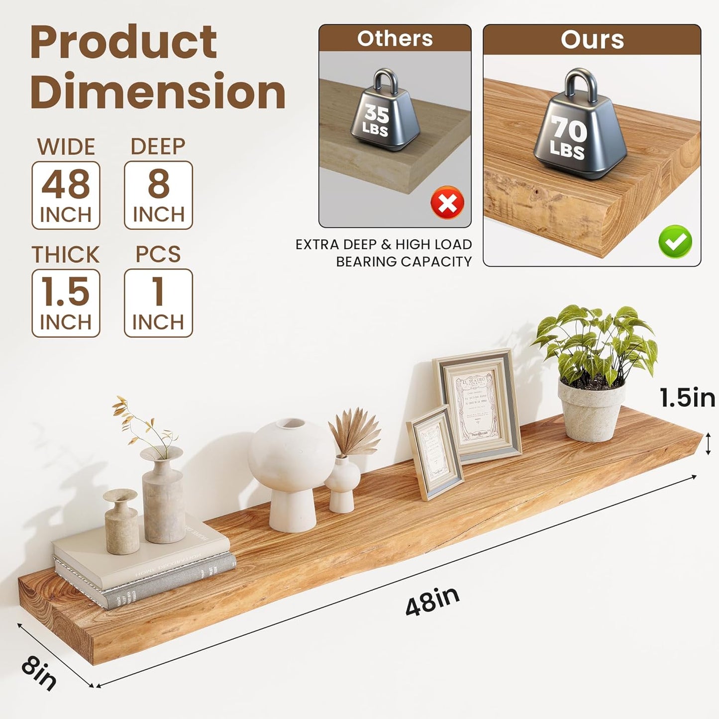 Floating Shelves, 8" Deep Rustic Solid Wood Wall Mounted Floating Shelves, Wall Shelves with Invisible Bracket for Living Room Bathroom Bedroom Kitchen, 48 Inch, Natural