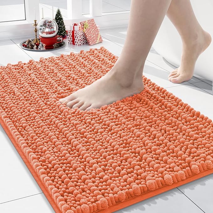 Arotive Luxury Chenille Bathroom Rug Mat, Extra Soft Thick Absorbent Shaggy Bath Rugs, Non-Slip Machine Wash Dry, Plush Bath Mats for Bathroom, Shower and Tub, 24x16, Coral