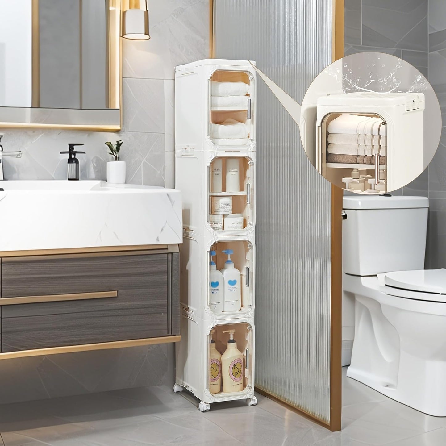 3-Tier Narrow Storage Cabinet Slim Bathroom Storage Cabinet with Movable Wheels Tall Bathroom Organizer Skinny Cabinet for Small Spaces，Beige