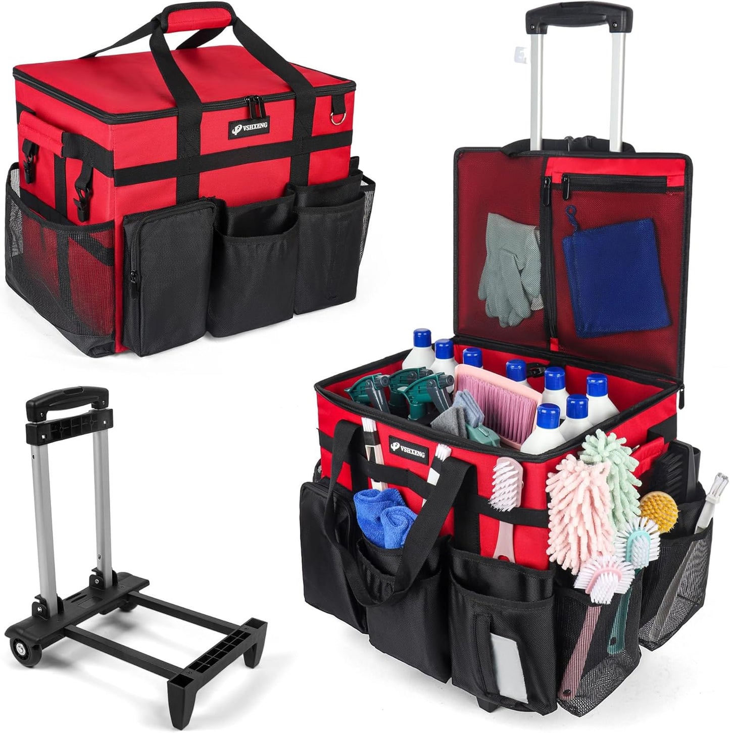 Rolling Cleaning Caddy Bag with Wheels, Large Cleaning Cart Detachable Trolley, Cleaning Bags for Housekeepers With Shoulder Strap & Multi Pockets for Cleaning Tools Storage (Red)