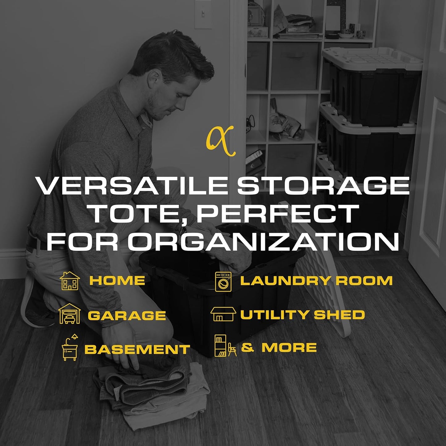 CX BLACK & YELLOW, 12-Gallon Heavy Duty Tough Storage Container & Snap-Tight Lid, (12.51"H x 16.3"W x 21.8"D), Weather-Resistant Design and Stackable Organization Tote [6 Pack]