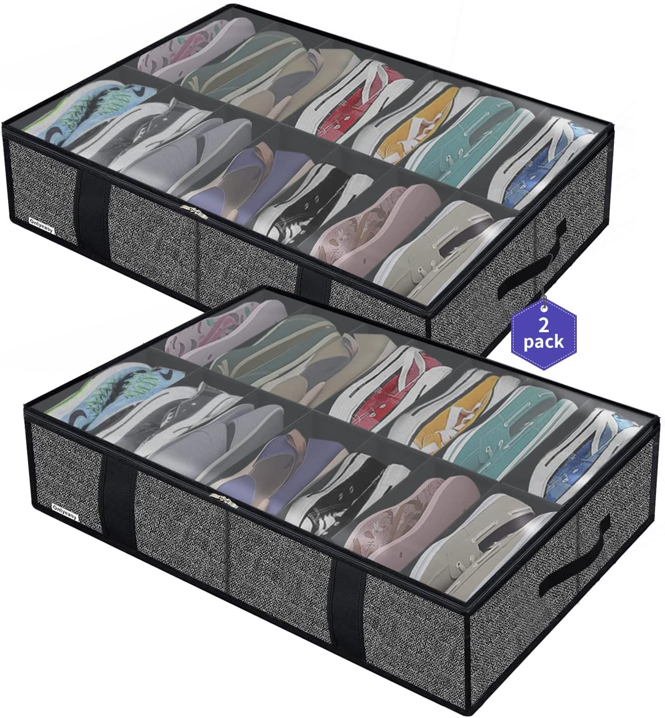 Onlyeasy 2 Pack Under Bed Shoe Storage Organizers with Handles & Clear window (Fit 14 +14 Pairs), Sturdy Underbed Box Organizer Shoe Storage Bags for Kids & Adults, Linen-like Black, MXAUBS14S14