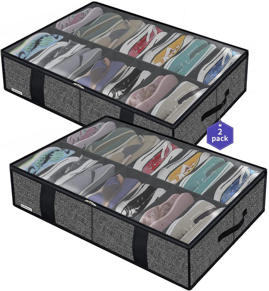 Onlyeasy 2 Pack Under Bed Shoe Storage Organizers with Handles & Clear window (Fit 14 +14 Pairs), Sturdy Underbed Box Organizer Shoe Storage Bags for Kids & Adults, Linen-like Black, MXAUBS14S14