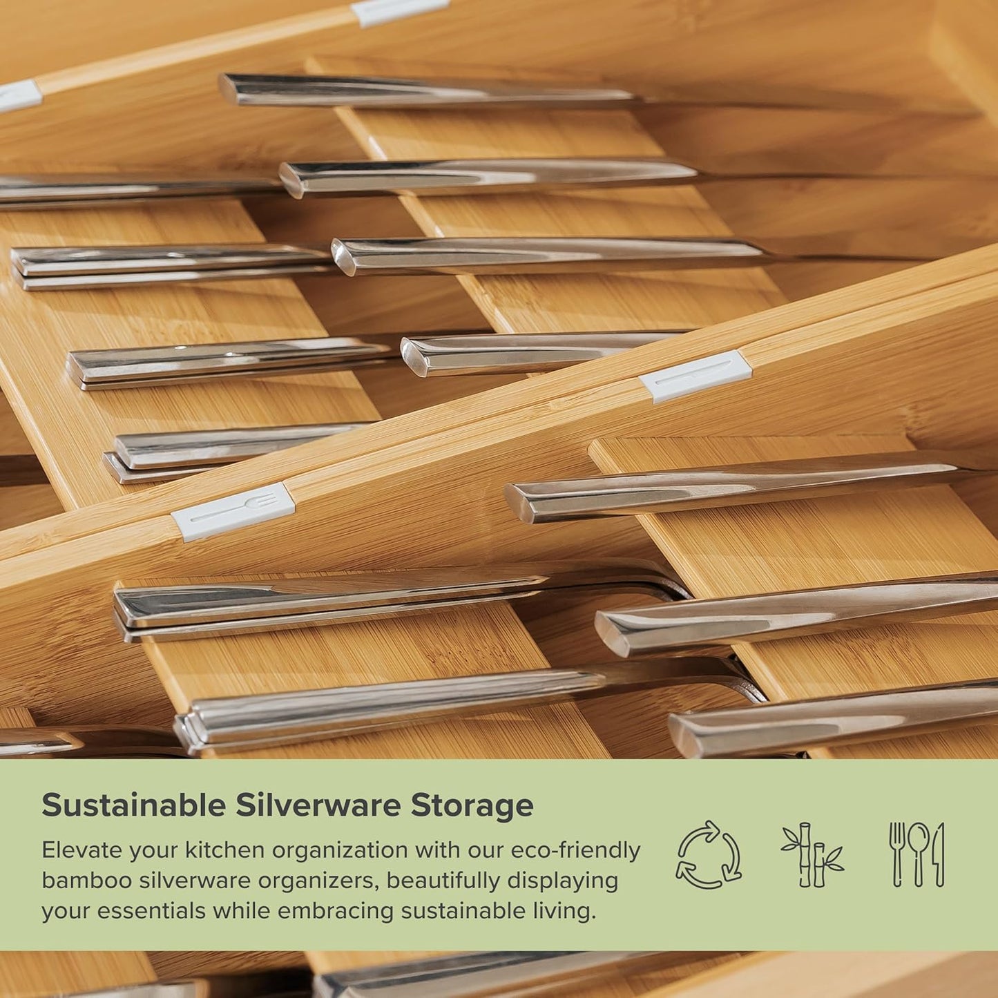 KitchenEdge Premium Cutlery, Flatware, and Silverware Drawer Organizer – Slanted 3-Compartment Design with Labeled Slots, Non-Slip Feet, 100% Sustainable Bamboo, 2 Pack
