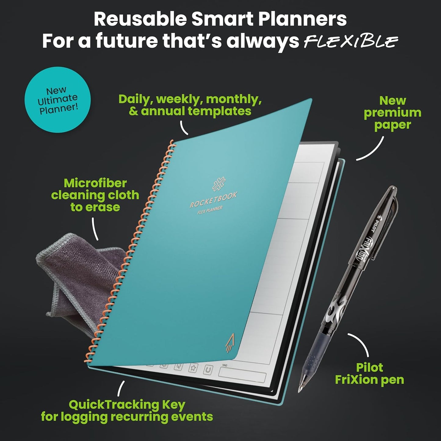 Rocketbook Flex Reusable Planner, Smart Undated, Daily, Weekly, Monthly, Annual Calendar Templates, Executive Size 6X8.8, Teal (Pack of 1)