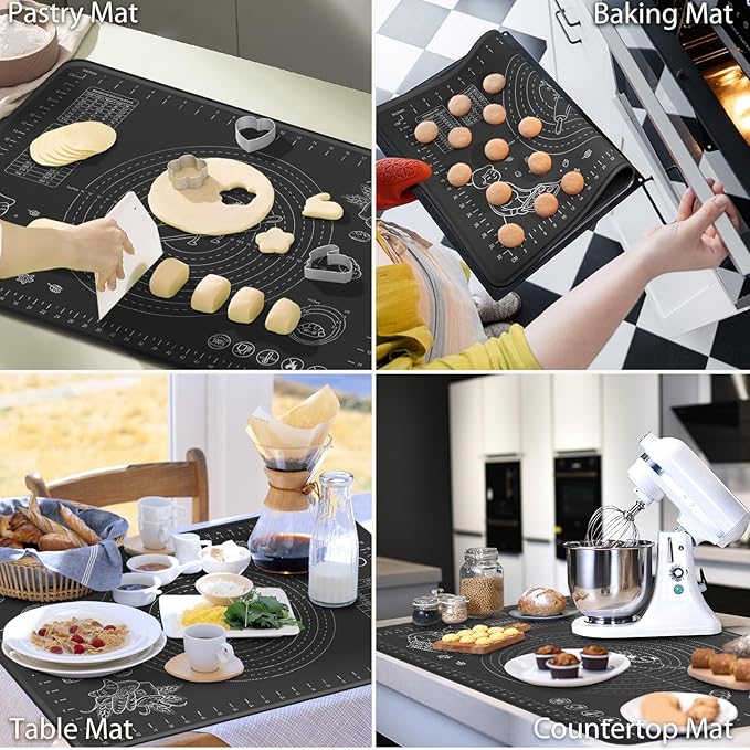 Silicone Baking Mat 32" x 24" Extra Thickness Dough Rolling Mat with Measurements and Edge Heightening, Non-stick Food Grade Silicone Pastry Mat for Pastry, Bread, Cookies, Pizza, Fondant, Pasta-Black