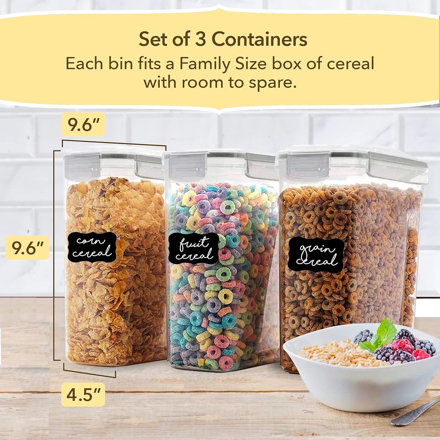 Simply Gourmet Airtight Cereal Containers with Lids – 3 Piece Tall Kitchen Pantry Organization Set, BPA-Free Clear Plastic, Pour Spout Lids for Breakfast Cereal, Rice, Flour, Sugar, Snacks