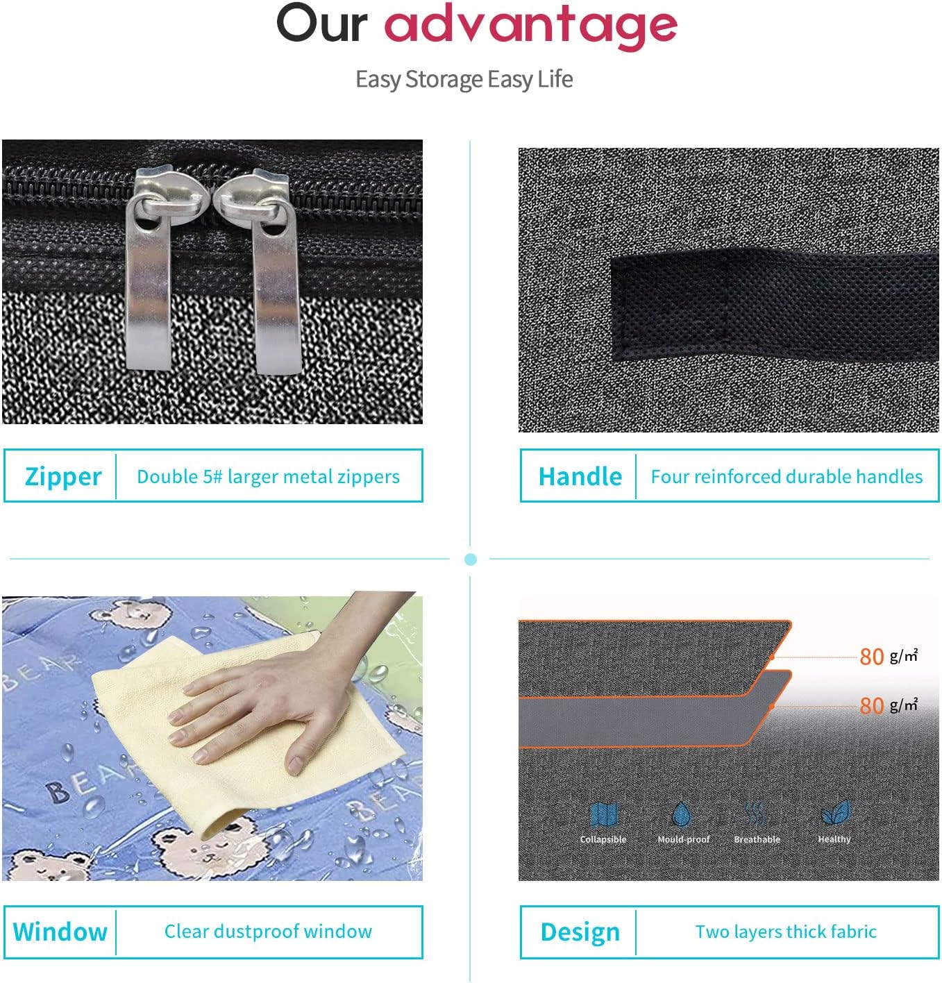 Onlyeasy Foldable Underbed Bags - 2 Pack Blankets Clothes Comforters Storage Bag Breathable Zippered Organizer for Bedroom with Clear Window and 4 Handles, 100 x50 x15cm, Linen-Like Black, MXAUBBP2