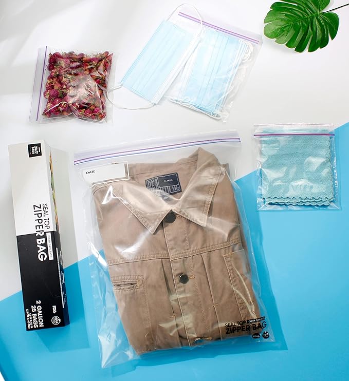 24/7 Bags- 2 Gallon Food Storage Bags, 25 Count, Double Zipper Seal, 2.5 Mil Thick, Easy Grip Open Tabs, Write-On Space, BPA-Free, Microwave Safe, Non-StandUp