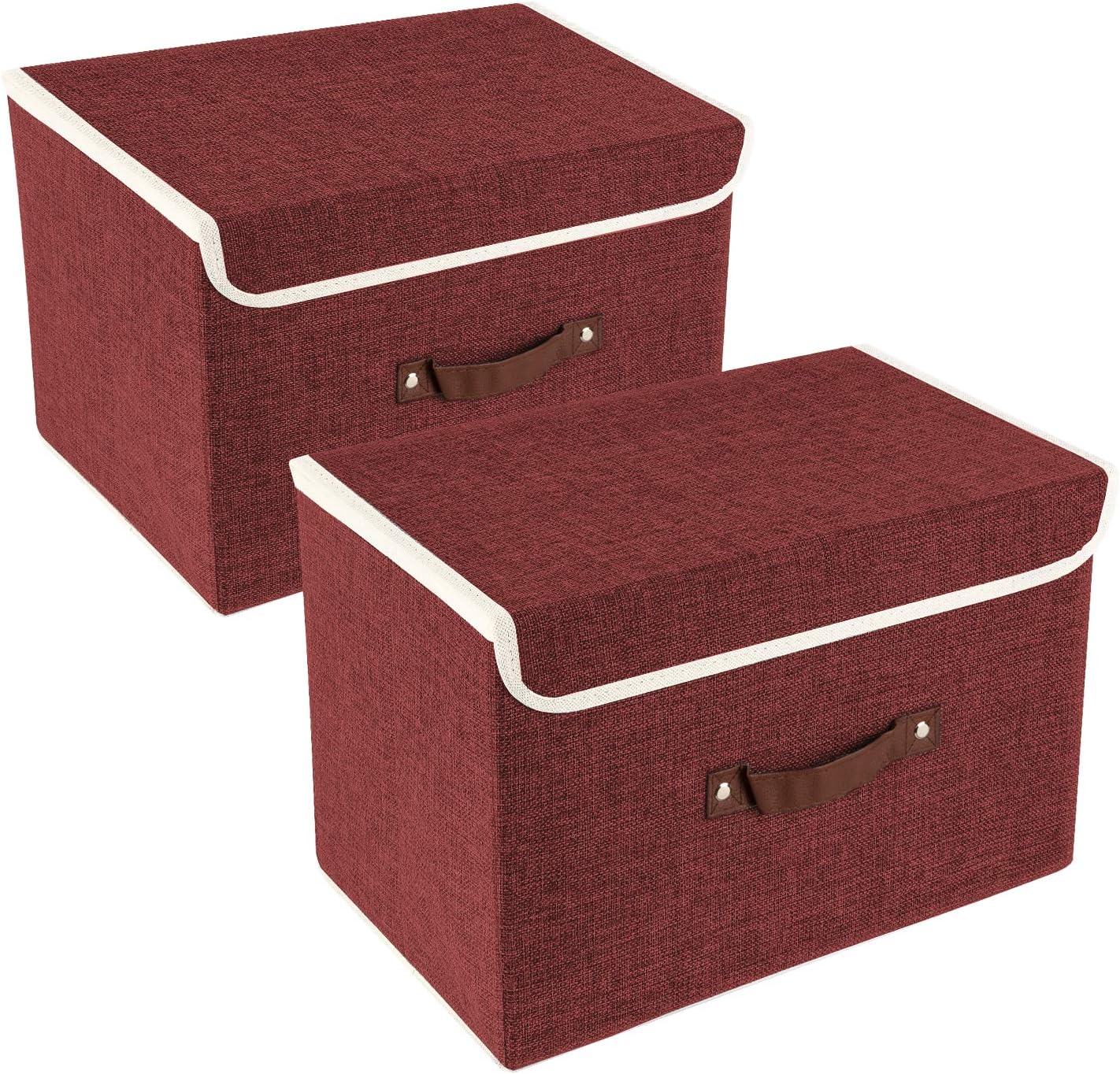 TYEERS Collapsible Storage Boxes, Washable Fabric Storage Bins with Lids, 14.9x9.8x9.8 inches, 2 Pack, Red Wine