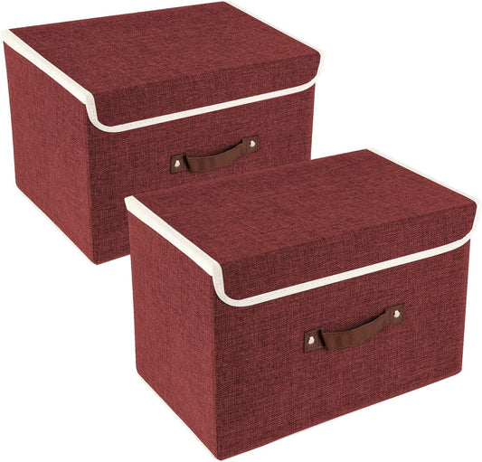 TYEERS Collapsible Storage Boxes, Washable Fabric Storage Bins with Lids, 14.9x9.8x9.8 inches, 2 Pack, Red Wine