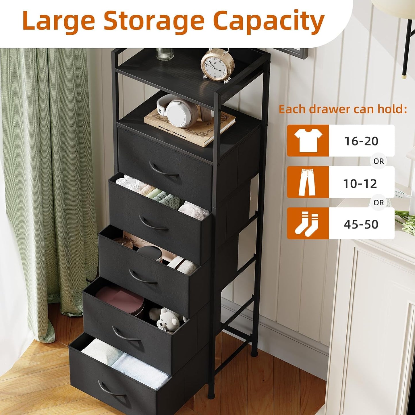 Somdot Tall Night Stand for Bedroom,Tall 5 Drawers Dresser, Vertical Storage Tower Unit, Nightstand Furniture with Fabric Drawer Organizer in Bedside Kids Dorm Room Closet Laundry Entryway,Black