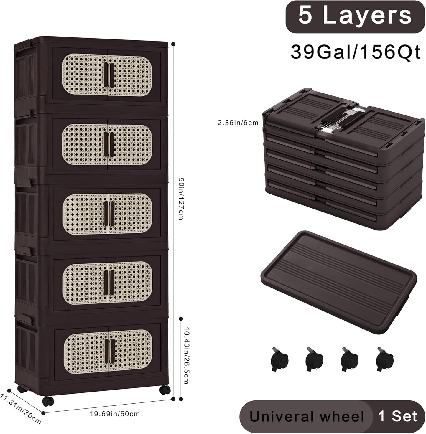 Holaki 195 QT Storage Bins with Lid, 5 Tiers Collapsible Plastic Storage Bins Storage Cabinet Box with Wheels and Magnetic Door for Home Closet Organizers(Retro Brown)