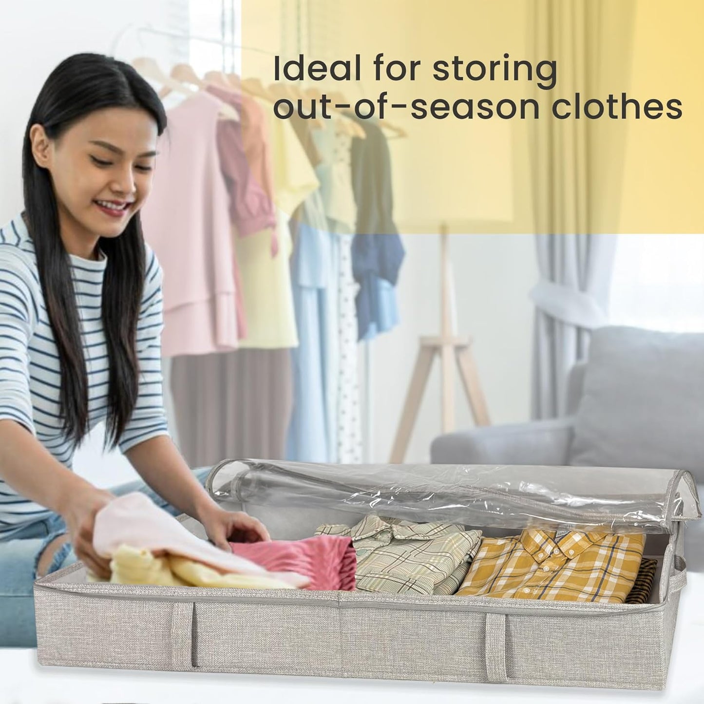 Light Gray & White Low Profile Under Bed Storage Containers 5 inches high, 33.8"x 17.7"x 5.1", Sturdy Underbed Shoe Storage Organizer, Foldable Fabric Under the Bed Storage Bins - Pack of 2