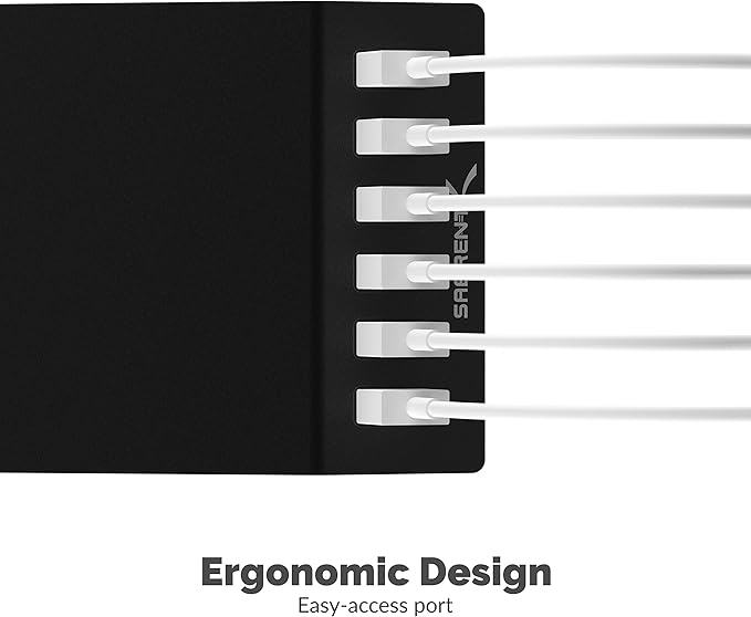 SABRENT Premium 60 Watt (12 Amp) 6 Port Aluminum Family Sized Desktop USB Rapid Charger.[UL Certified ] Smart USB Charger with Auto Detect Technology [Black] (AX-FLCH-B)