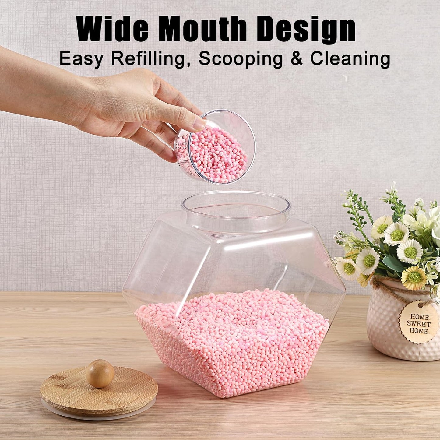 Sumnacon Laundry Pods Container with Wooden Lid, Plastic Laundry Room Organization Jars Farmhouse Wide Mouth Laundry Storage Containers Clear Laundry Pods Holder for Dryer Balls, Beads, Powder