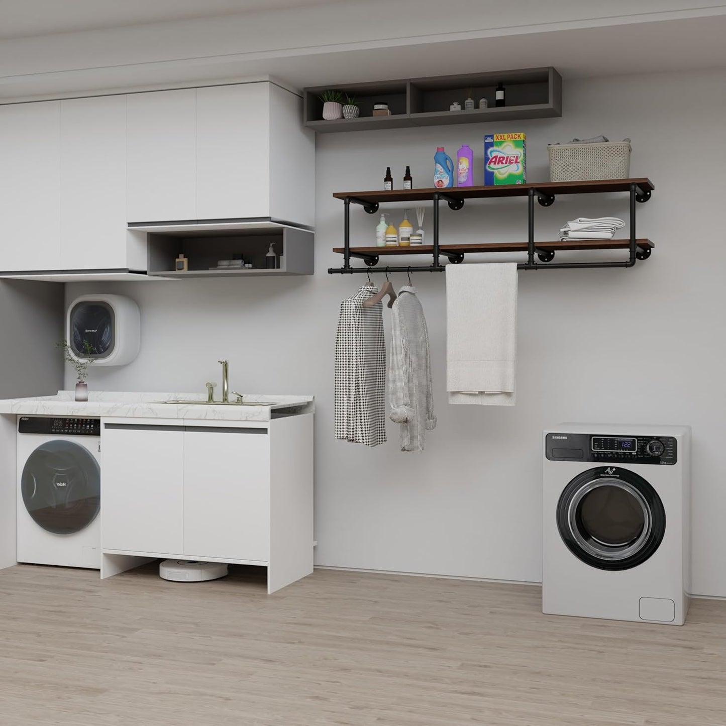 Wall Mounted Clothes Rack 12 Inch Deep, 60 Inch Heavy Duty Garment Rack with Real Walnut Wood Shelf, Multi-Purpose Hanging Rod & Space-Saving Closet Storage Organizer