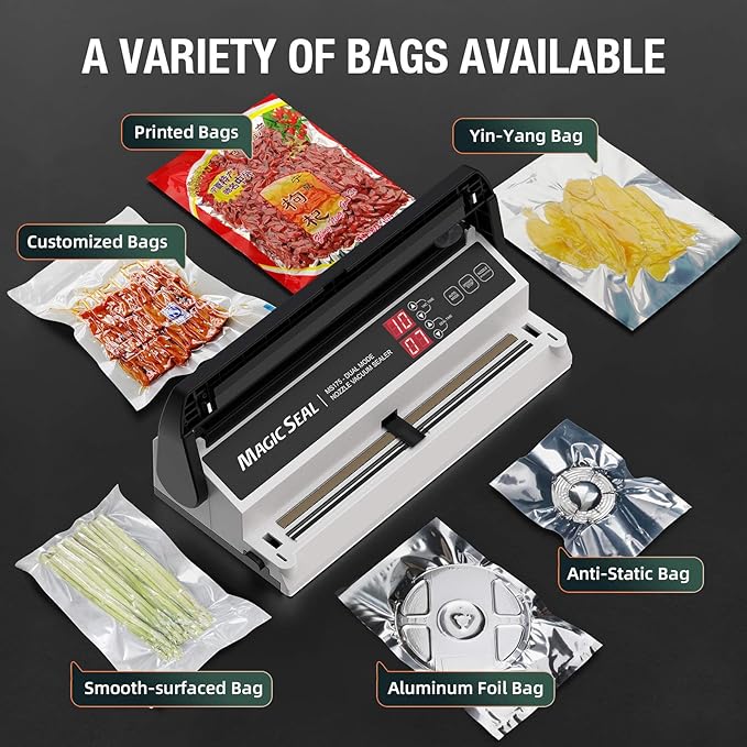 Magic Seal MS175 Vacuum Sealer Machine for Food Preservation, Nozzle Type, Compatible with Mylar Bags, Adjustable Vacuum & Seal Time, Automatic and Manual Mode
