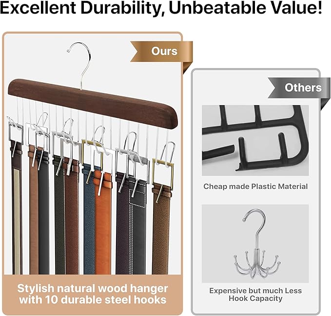 Umo Lorenzo Premium Wooden Tie and Belt Hanger - Gift Set for Men - Walnut Wood Organizer and Storage Rack