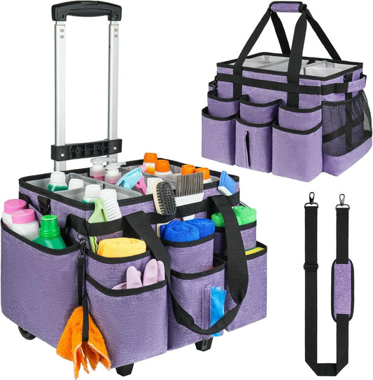 Large Rolling Cleaning Caddy Bag with Detachable Trolley,Cleaning Cart on Wheels with Shoulder Strap,Cleaning Supplies Organizer for Housekeepers,Purple