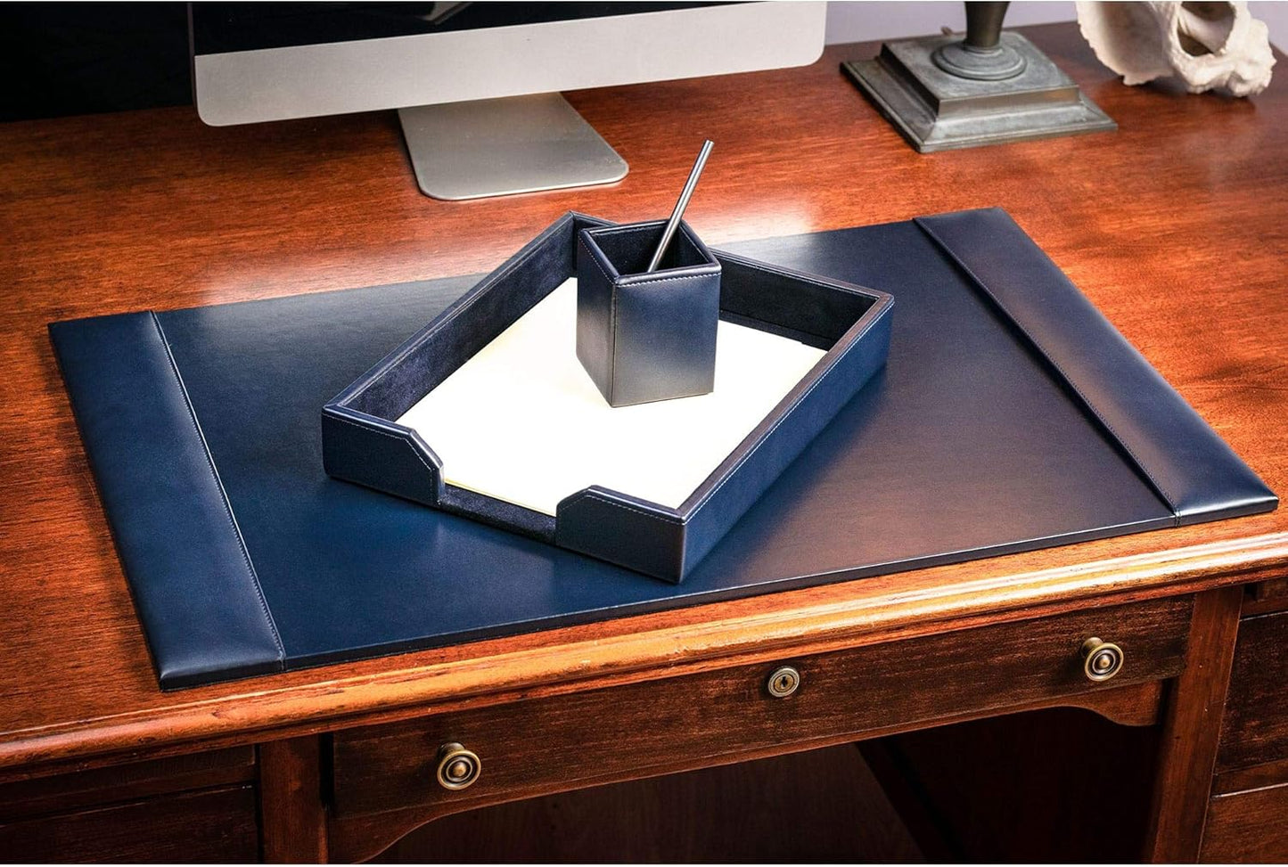 DACASSO Bonded Leather Desk Set - Luxury Leather Desk Pad & Desk Organization Essentials (Navy Blue, 3 Piece)
