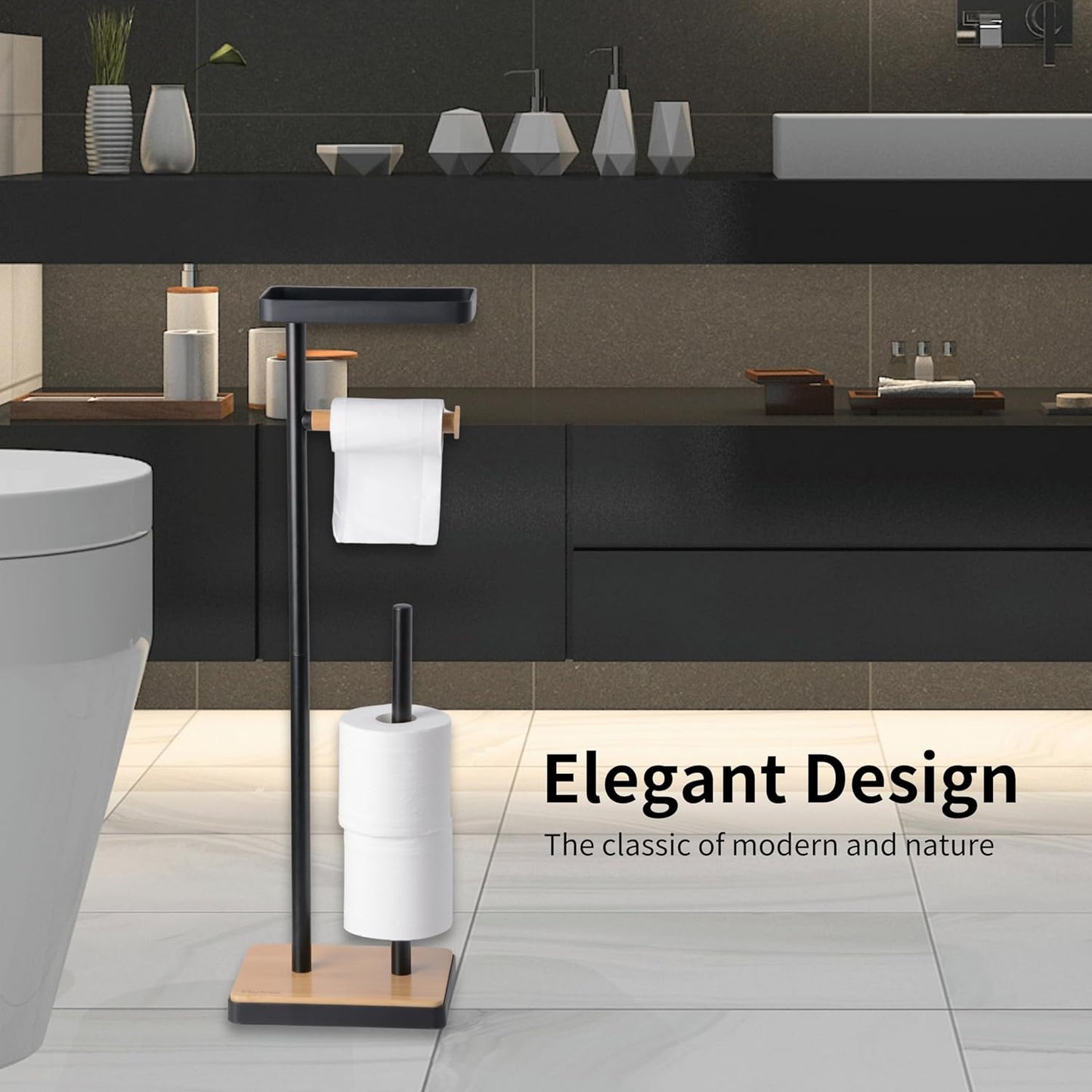 Toilet Paper Holder Stand, Free Standing Toilet Paper Holder with Storage and Top Shelf, Black Toilet Paper Stand Weighted Base with Bamboo Design for Bathroom